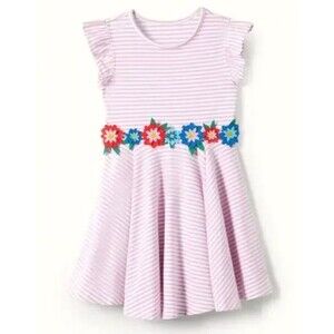 Mini Boden Pink Stripe Floral Appliqué Twirl Dress Girls Size 7-8